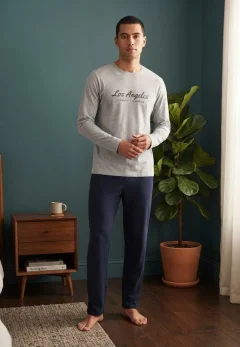 Pijama pentru bărbați, Bluză mânecă lungă cu imprimeu „Los Angeles” și Pantalon lung