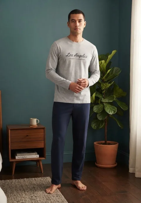 Pijama pentru bărbați, Bluză mânecă lungă cu imprimeu „Los Angeles” și Pantalon lung