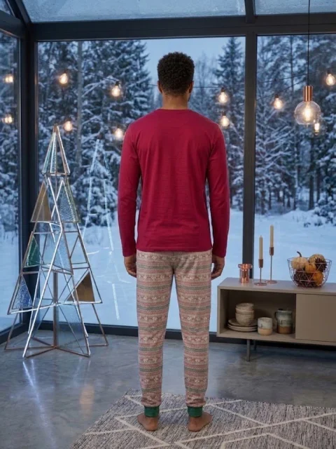Pijama bărbați de Crăciun din bumbac,bluză cu mânecă lungă și pantaloni lungi, motiv festiv Joy to the World — imagine 2