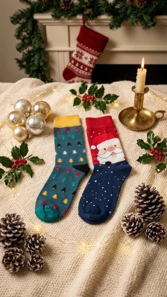 Set 2/ Șosete Festive de Iarnă cu Motiv de Crăciun (Moș Crăciun & Brăduți)