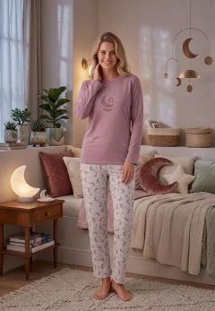 Pijama dama maneca lunga pantalon lungi mov Mon