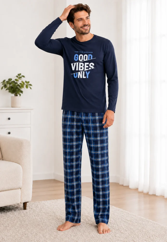 Pijama Bărbați cu Mânecă Lungă, Bluză Imprimeu „Good Vibes Only” și Pantalon în Carouri, Albastru / Bleumarin