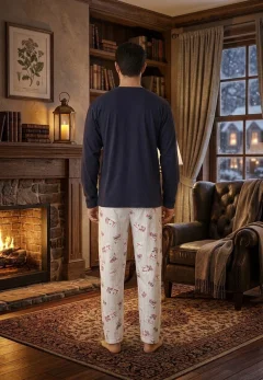 Pijama craciun pentru Bărbați – Bluza Albastru Închis cu Urs Polar și Pantaloni Imprimați