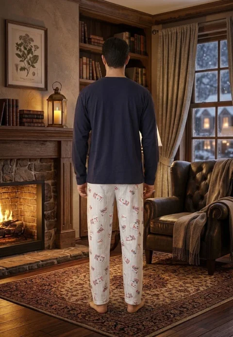 Pijama craciun pentru Bărbați – Bluza Albastru Închis cu Urs Polar și Pantaloni Imprimați — imagine 2