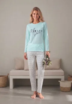 Pijama dama maneca lunga pantalon lungi turcuaz print Glamur