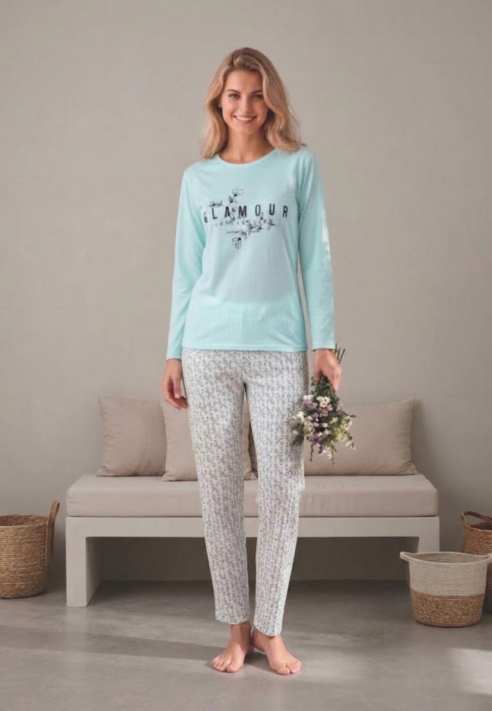 Pijama dama maneca lunga pantalon lungi turcuaz print Glamur