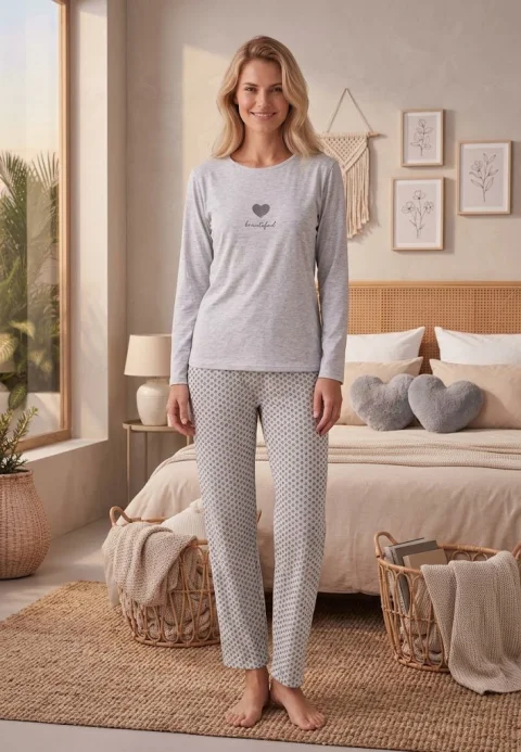 Pijama Damă Gri  bluză mânecă lungă și pantalon Imprimat, 'Beautiful'