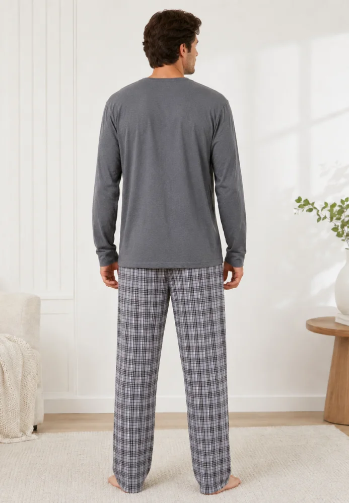 Pijama bărbați, Bluză gri cu imprimeu "California" și mânecă lungă, Pantalon lung în carouri gri