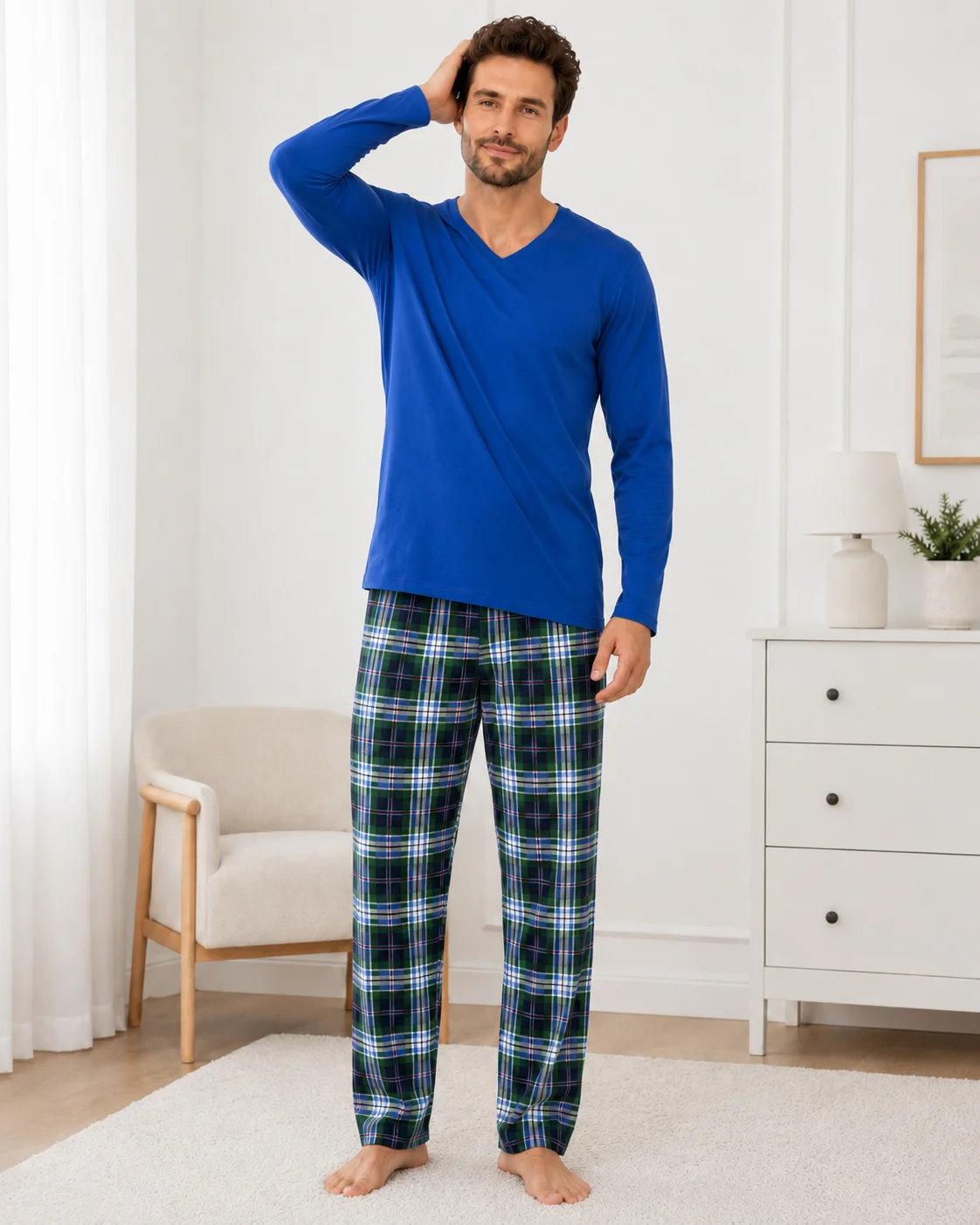 Pijama bărbați, Bluză cu gât în V și mânecă lungă, Pantalon lung în carouri,Albastru
