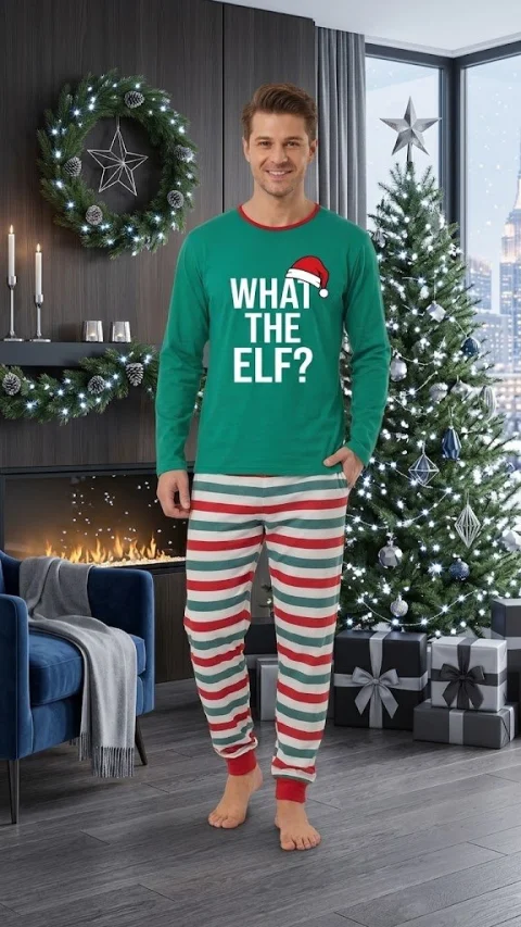 Pijama Bărbați de Crăciun Verde "What The Elf?" verde — imagine 1