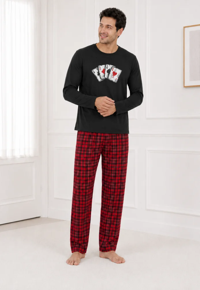 Pijama Bărbați cu Mânecă Lungă, Bluză Neagră cu Imprimeu Cărți de Joc și Pantalon în Carouri, Negru / Roșu