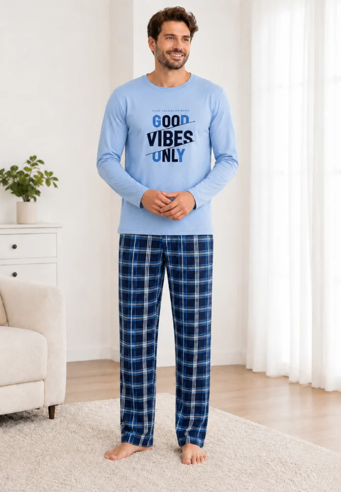 Pijama Bărbați cu Mânecă Lungă, Bluză Imprimeu „Good Vibes Only” și Pantalon în Carouri, Albastru Deschis / Bleumarin