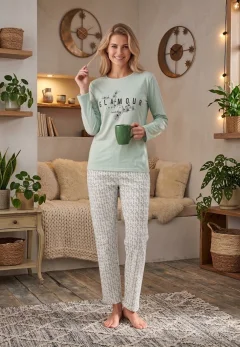 Pijama dama maneca lunga pantalon lungi verde print Glamur