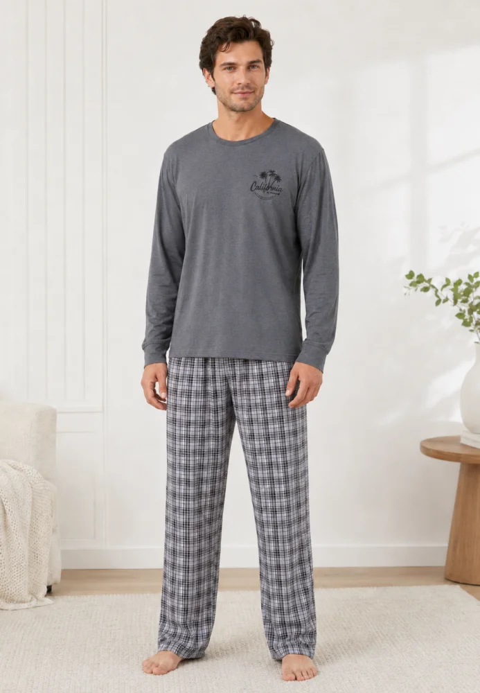 Pijama bărbați, Bluză gri cu imprimeu "California" și mânecă lungă, Pantalon lung în carouri gri — imagine 1