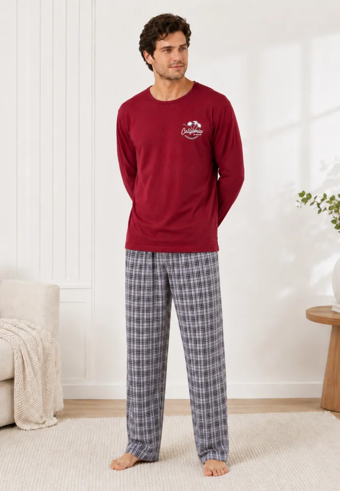 Pijama bărbați, Bluză grena cu imprimeu "California" și mânecă lungă, Pantalon lung în carouri gri