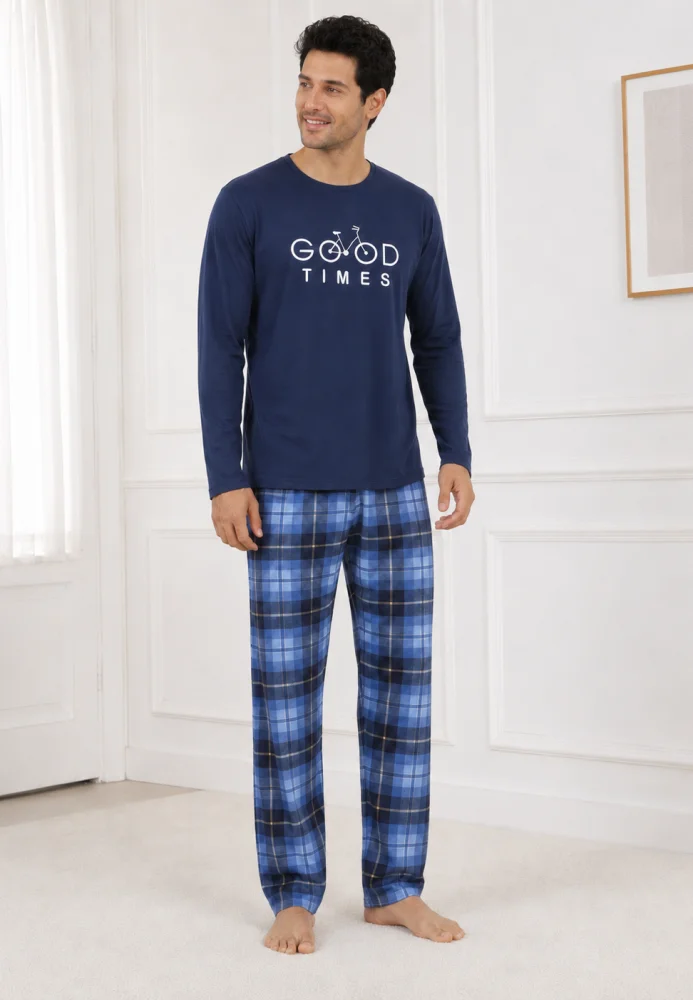 Pijama Bărbați cu Mânecă Lungă, Bluză cu Imprimeu Cărți de Joc și Pantalon în Carouri — imagine 1