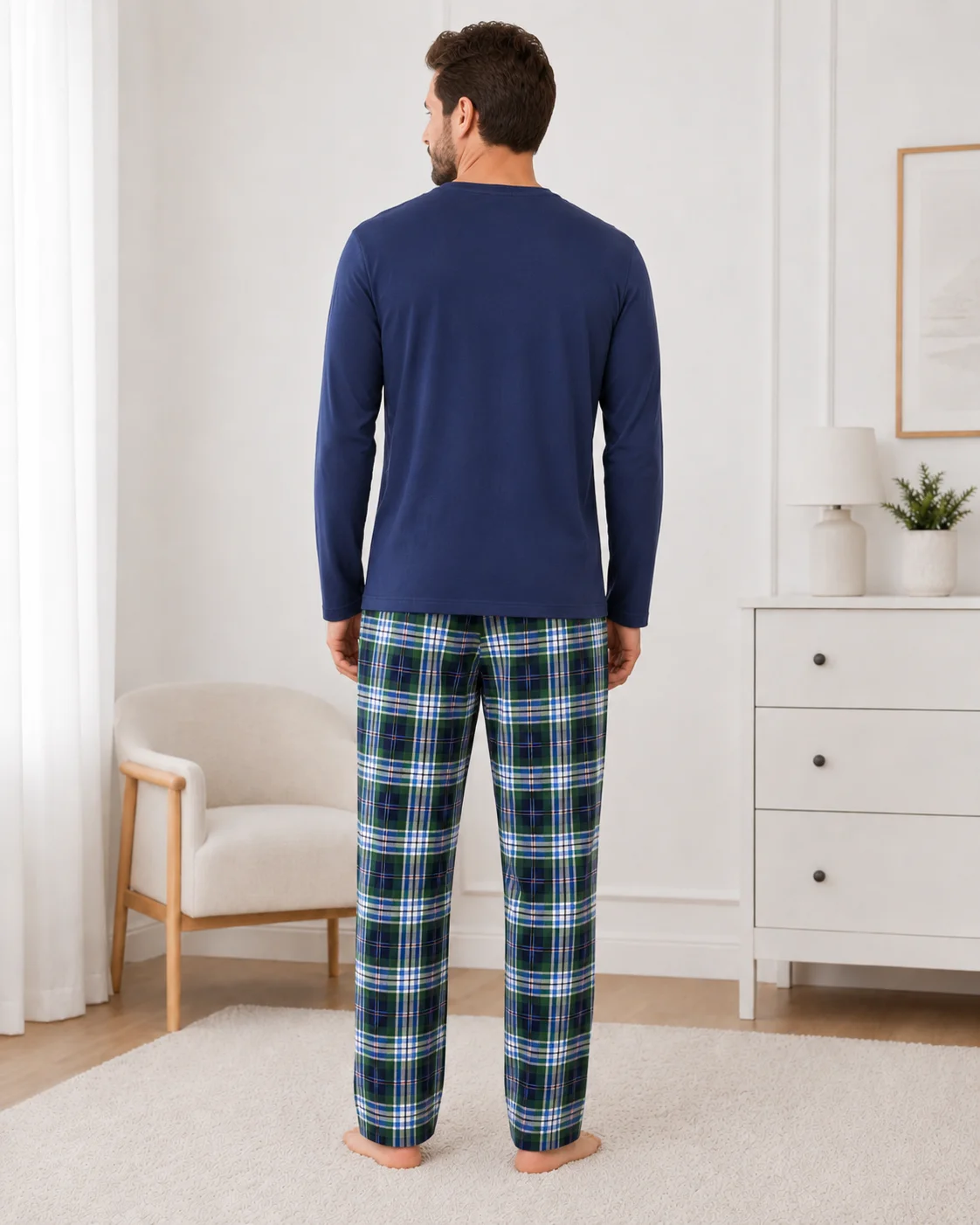 Pijama bărbați, Bluză cu gât în V și mânecă lungă, Pantalon lung în carouri,bluemarin — imagine 2