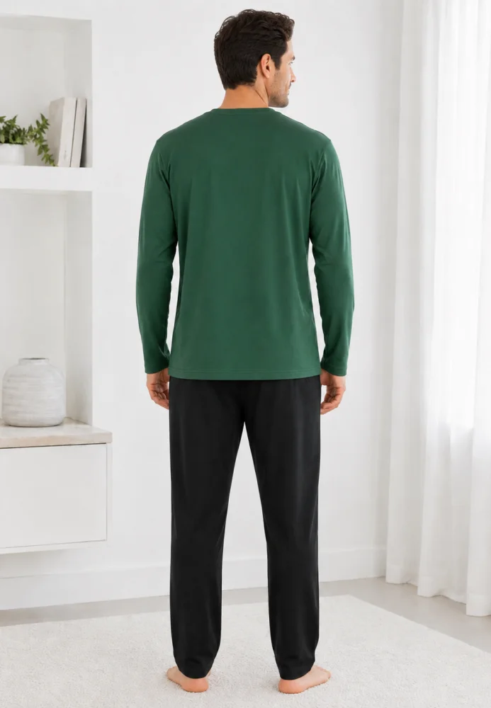 Pijama barbati cu maneca lunga si pantalon lung-Verde — imagine 2