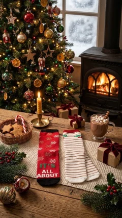 Set 2 Perechi Șosete de Damă Crăciun, Roșii cu Fulgi și Albe cu Dungi Festive