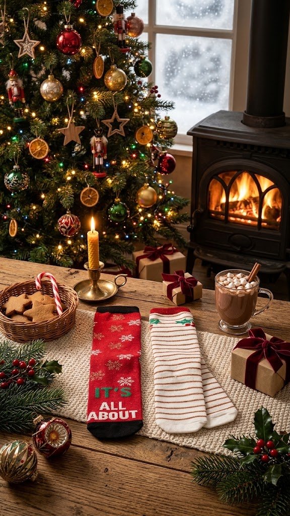 Set 2 Perechi Șosete de Damă Crăciun, Roșii cu Fulgi și Albe cu Dungi Festive