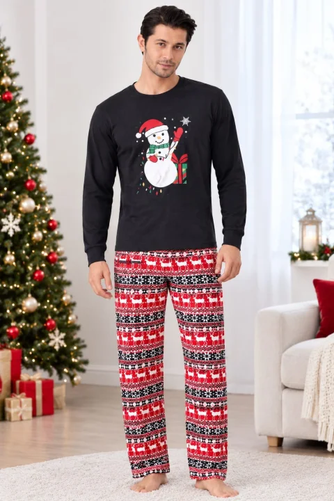 Pijama Bărbați de Crăciun, Neagră cu Om de Zăpadă și Pantaloni Festivi — imagine 2