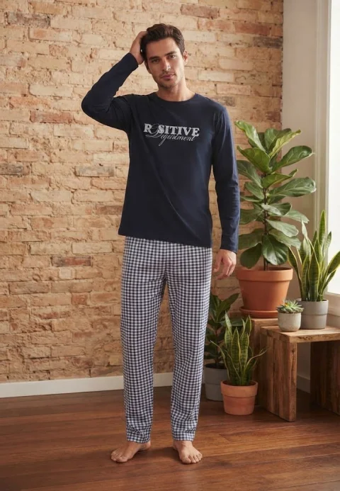 Pijama pentru bărbați, Bluză mânecă lungă cu imprimeu „Positive Department” și Pantalon lung în carouri mici