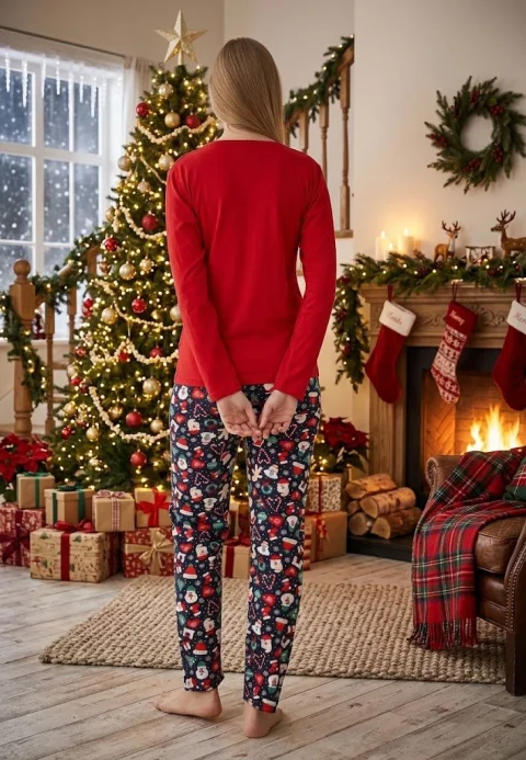 Pijama dama craciun roșu, model om de zăpadă, set cu mânecă lungă și pantaloni lungi — imagine 2