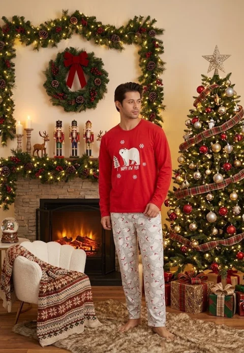Pijama Bărbat Crăciun, Mânecă Lungă, Pantaloni Lungi, Roșu, Happy New Year — imagine 1