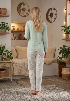 Pijama dama maneca lunga pantalon lungi verde print Glamur