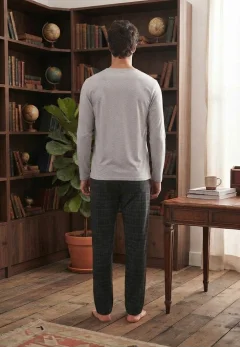 Pijama pentru bărbați, Bluză mânecă lungă cu imprimeu „Original” și Pantalon lung în carouri