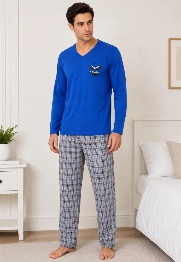 Pijama bărbați, Bluză cu mânecă lungă și decolteu în V cu imprimeu piept, Pantalon lung în carouri,Albastru