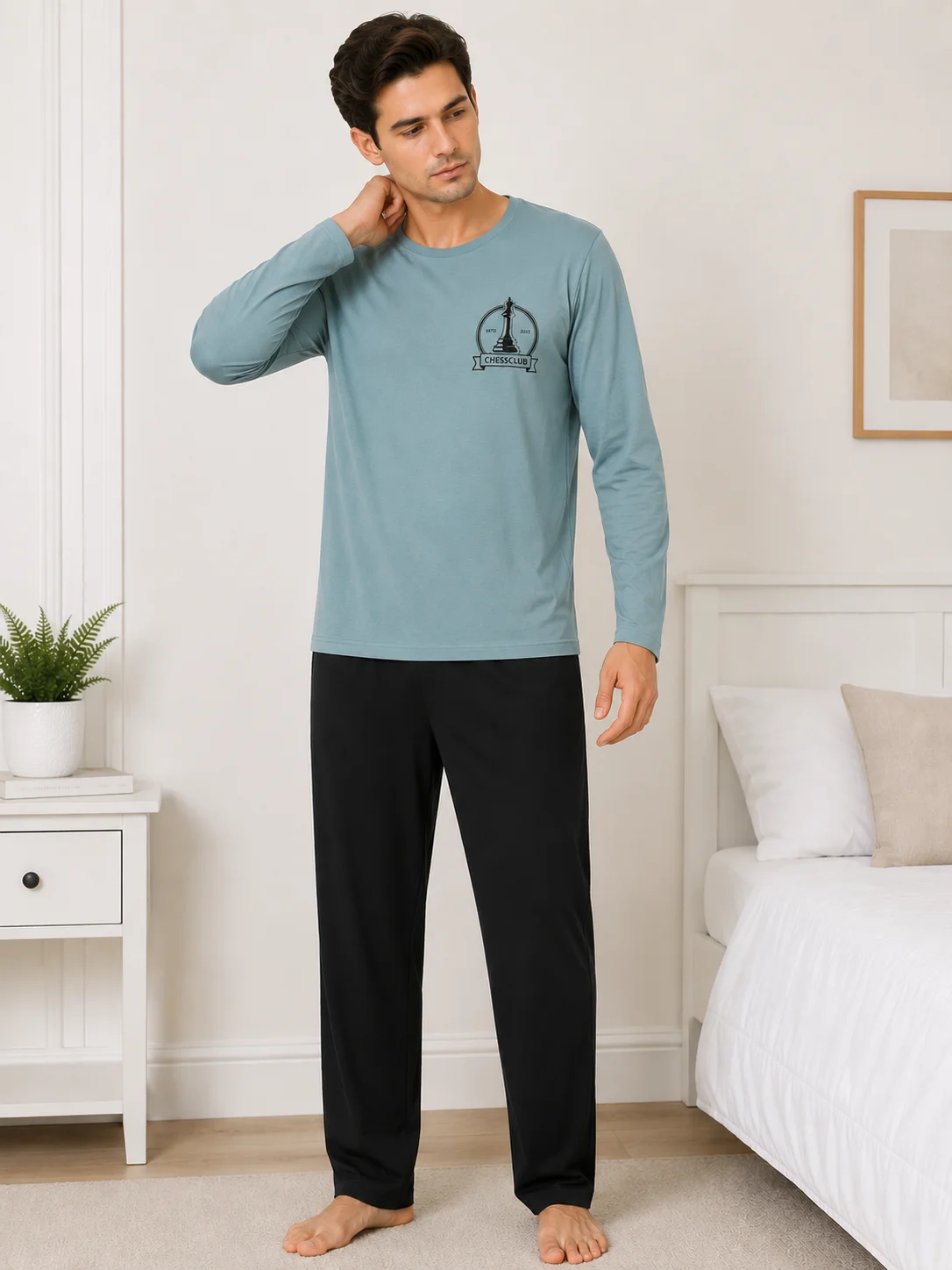 Pijama barbati cu maneca lunga si pantalon lung-albastru deschis — imagine 4