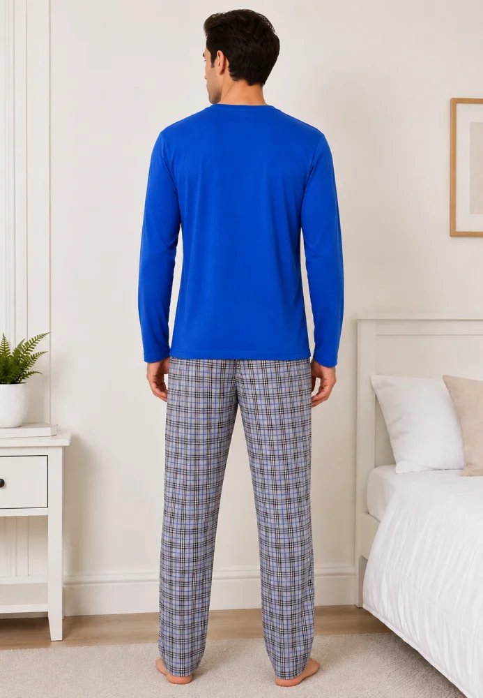 Pijama bărbați, Bluză cu mânecă lungă și decolteu în V cu imprimeu piept, Pantalon lung în carouri,Albastru — imagine 2