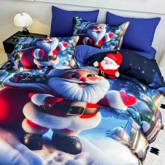 Set Lenjerie de Pat 6 Piese Crăciun 5D cu Elastic, Imprimeu Mos Craciun