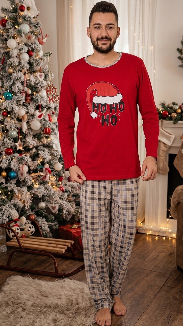 Pijama bărbătească de Crăciun, roșie, cu imprimeu Ho Ho Ho și pantaloni în carouri