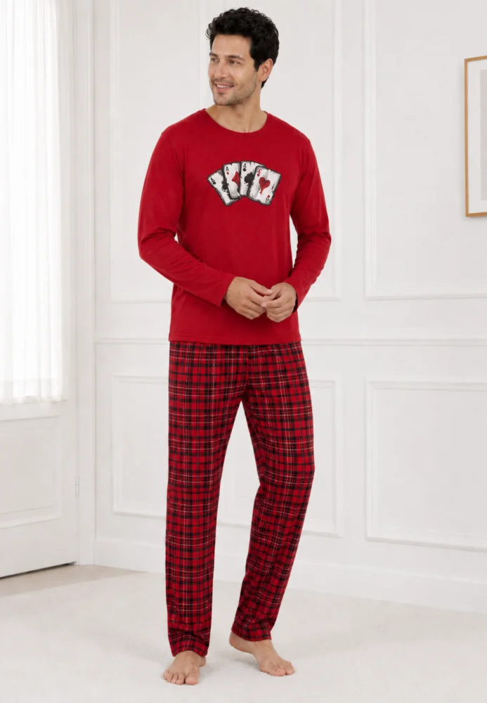 Pijama Bărbați cu Mânecă Lungă, Bluză Roșie cu Imprimeu Cărți de Joc și Pantalon în Carouri, Roșu / Negru