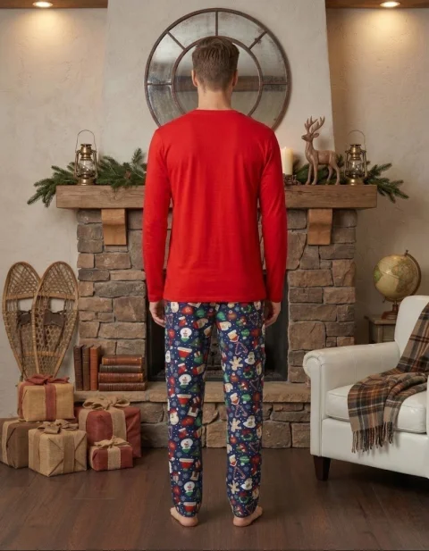 Pijama barbat Crăciun clasic roșu cu om de zăpadă, pijama completă cu mânecă lungă și pantaloni lungi — imagine 2