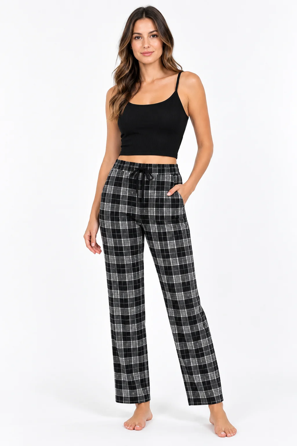 Pantaloni Pijama Damă, Imprimeu Carouri Negru și Alb, Croială Lejeră cu Șnur — imagine 1