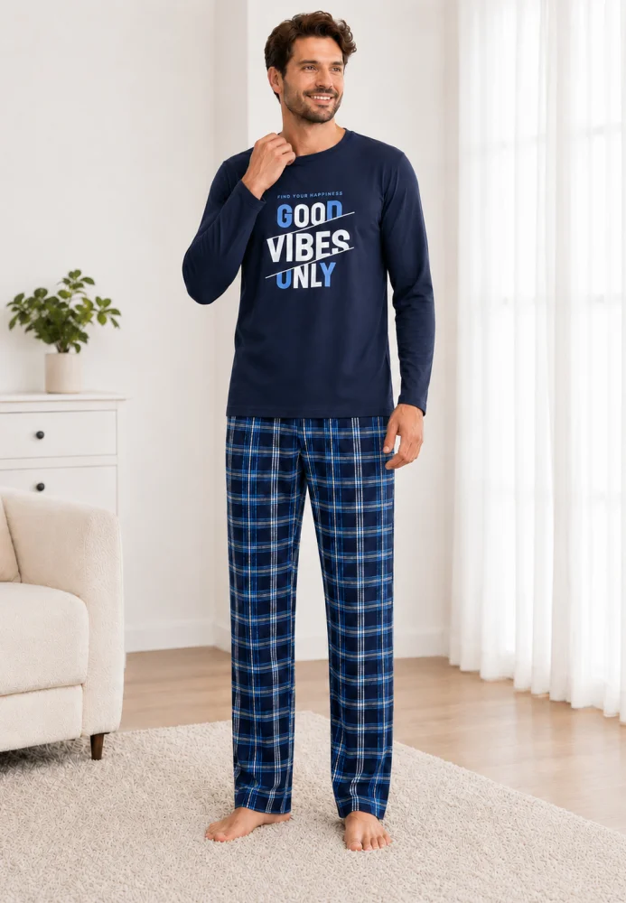 Pijama Bărbați cu Mânecă Lungă, Bluză Imprimeu „Good Vibes Only” și Pantalon în Carouri, Albastru / Bleumarin — imagine 1
