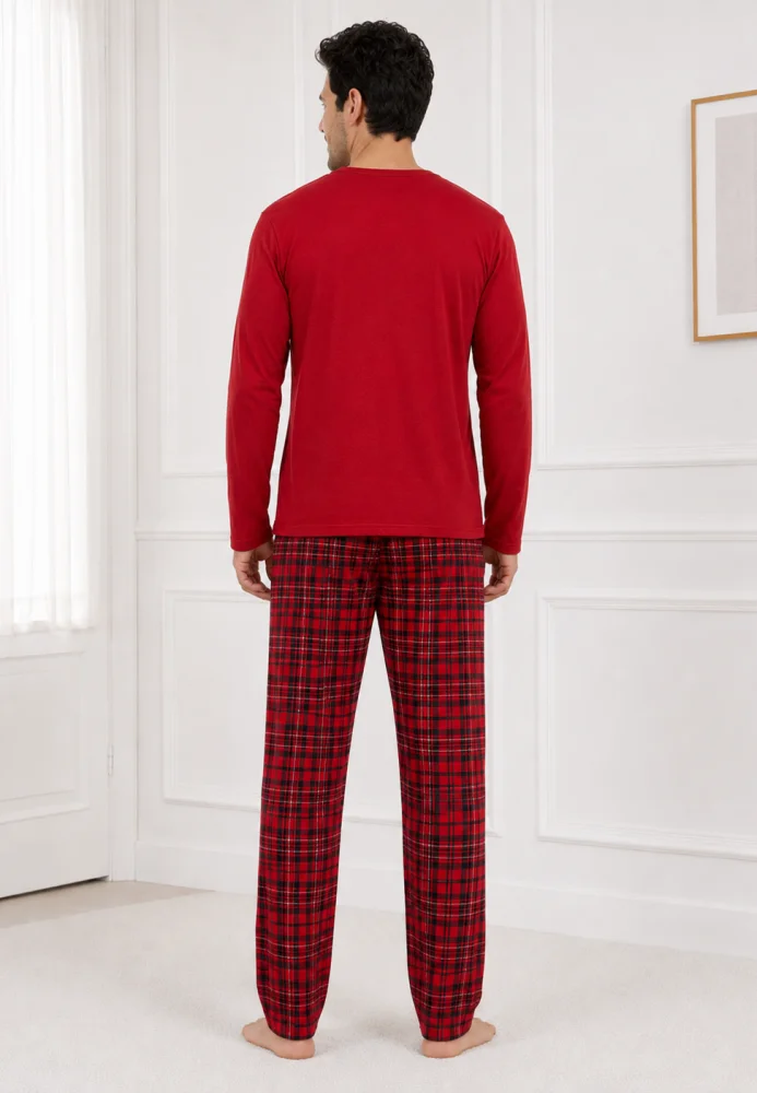 Pijama Bărbați cu Mânecă Lungă, Bluză Roșie cu Imprimeu Cărți de Joc și Pantalon în Carouri, Roșu / Negru