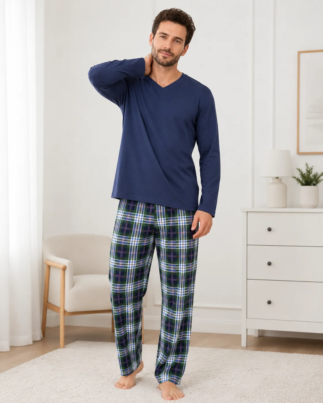 Pijama bărbați, Bluză cu gât în V și mânecă lungă, Pantalon lung în carouri,bluemarin