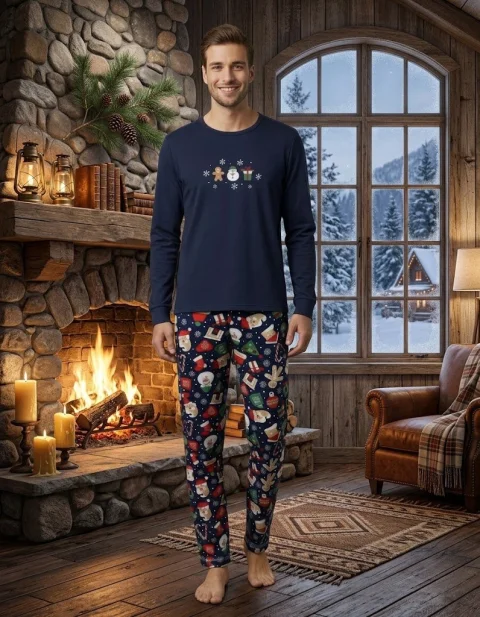 Pijama barbat bleumarin de Crăciun cu imprimeu om de zăpadă, set cu mânecă lungă și pantaloni lungi — imagine 1