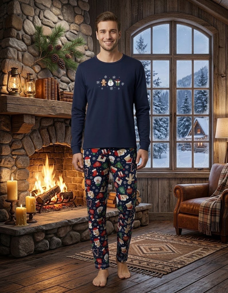 Pijama barbat bleumarin de Crăciun cu imprimeu om de zăpadă, set cu mânecă lungă și pantaloni lungi