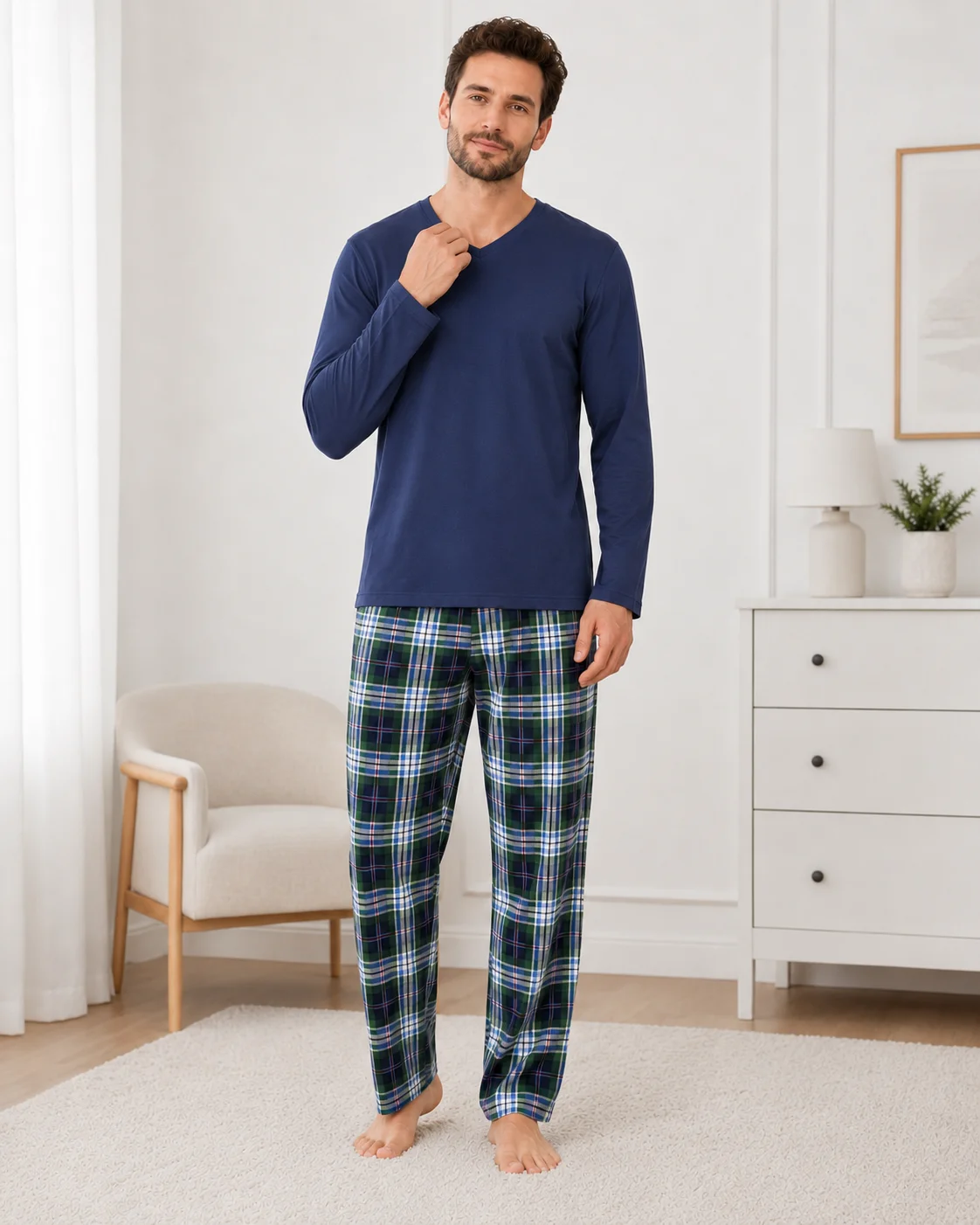 Pijama bărbați, Bluză cu gât în V și mânecă lungă, Pantalon lung în carouri,bluemarin — imagine 4
