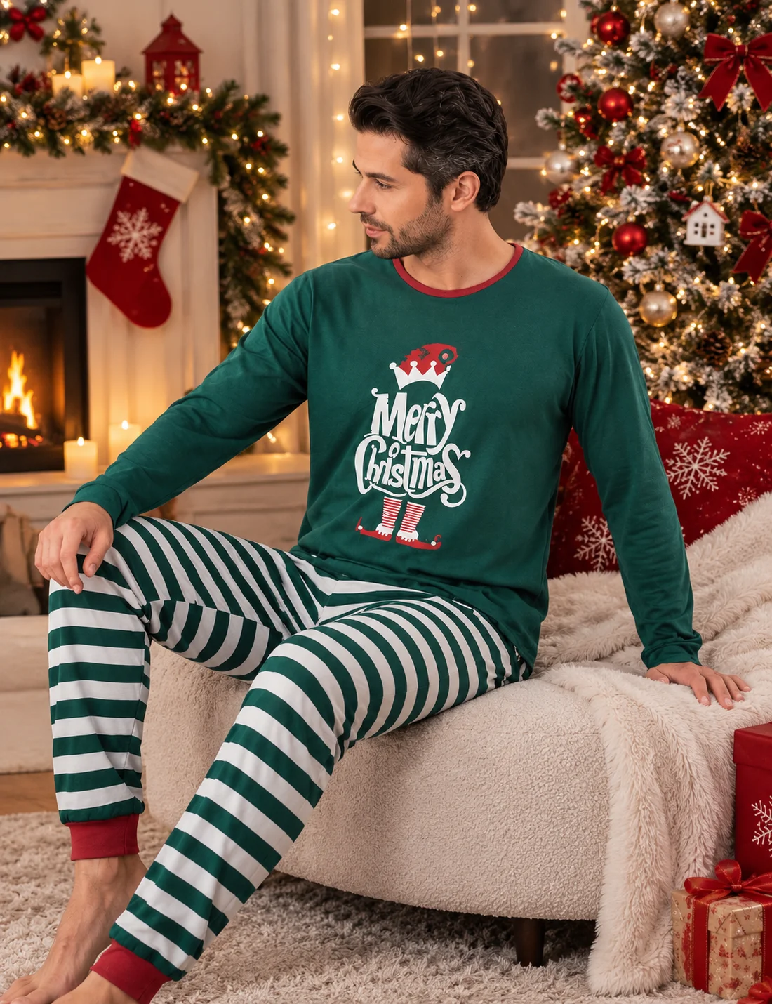 Pijama Bărbați de Crăciun, Bluză Verde și Pantaloni în Dungi — imagine 1