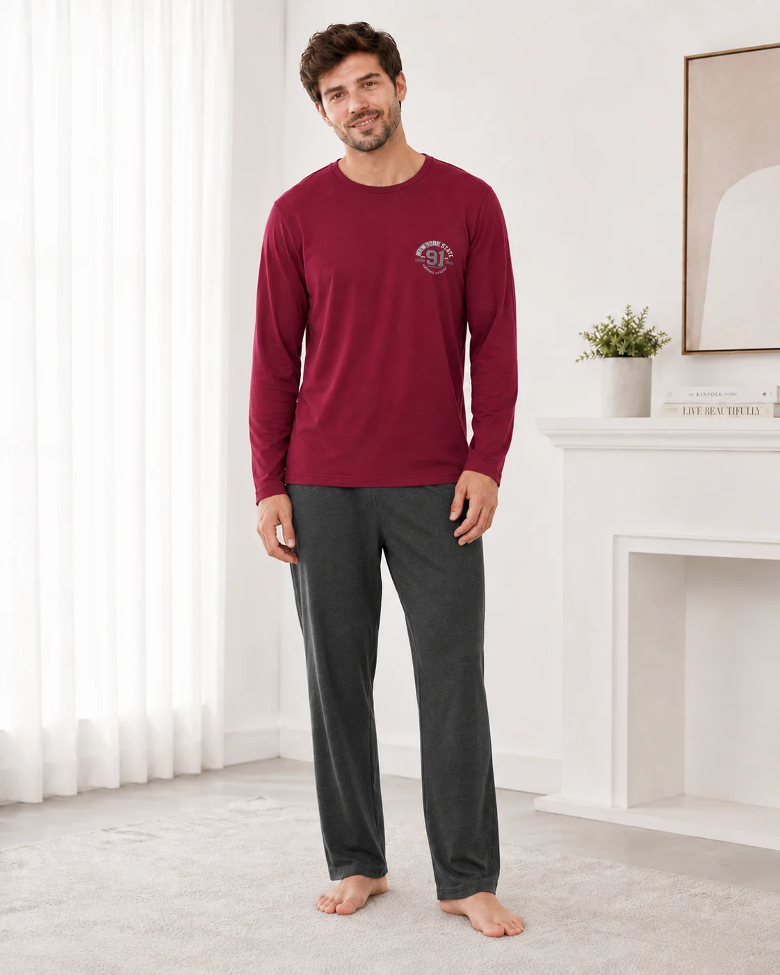 Pijama Bărbați cu Mânecă Lungă, Bluză Vișinie cu Imprimeu și Pantalon Lung Gri, Imbracaminte de Casa — imagine 1