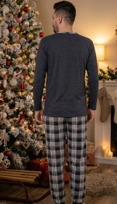 Pijama de Crăciun pentru Bărbați, Merry Christmas Everyone, Bluză bluemarin și Pantaloni Carouri