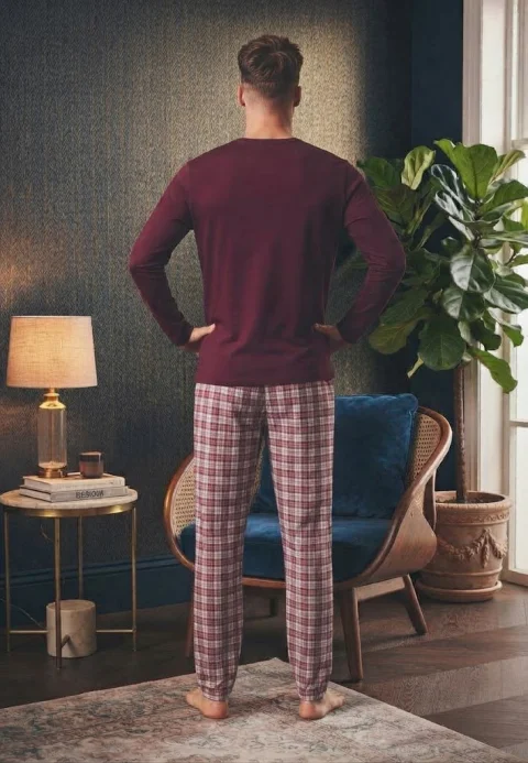 Pijama pentru bărbați, Bluză mânecă lungă cu imprimeu „MASTERED” și Pantalon lung în carouri