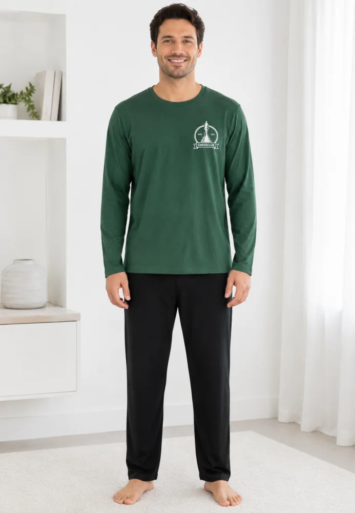 Pijama barbati cu maneca lunga si pantalon lung-Verde