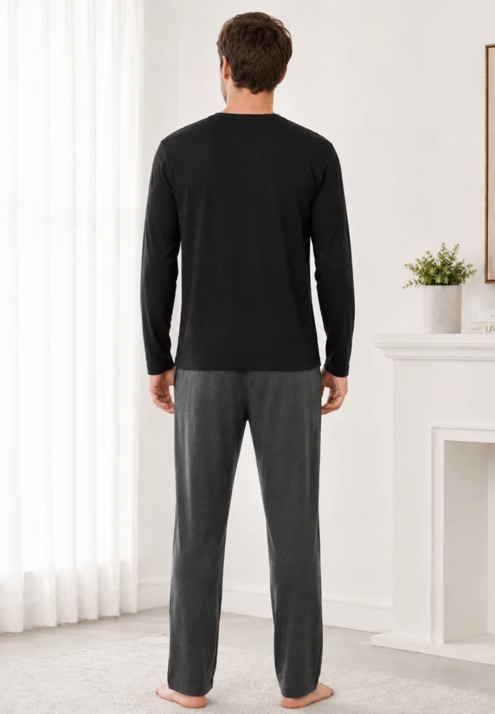 Pijama Bărbați cu Mânecă Lungă, Bluză Neagră cu Imprimeu și Pantalon Lung Gri — imagine 2